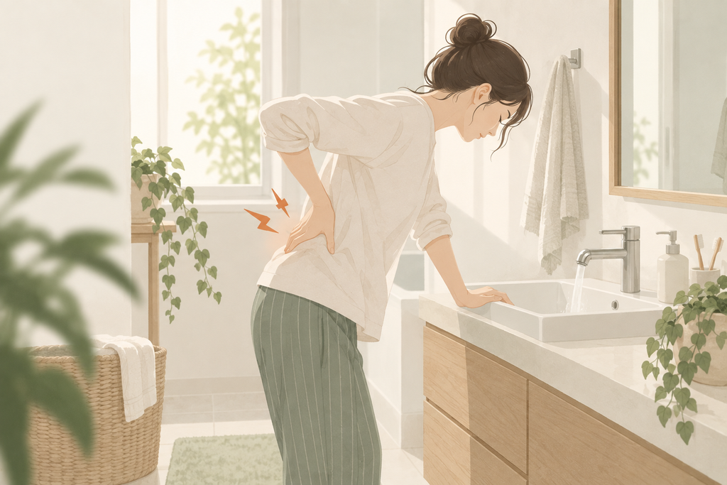 아침 기상 후 세면대를 짚은 사람의 그림